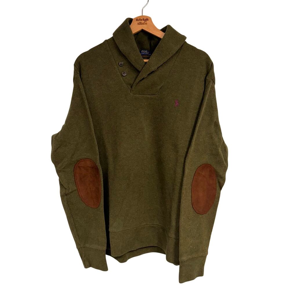 Polo Ralph Lauren Shawl Collar Cotton Pullover Sweater SZ LRG Elbow Patch Green